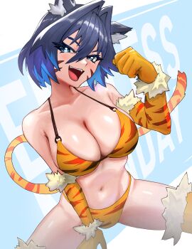 1girl absurdres animal_ears animal_print between_legs bikini blue_eyes blue_hair breasts cleavage colored_inner_hair commentary cosplay english_commentary fur-trimmed_gloves fur-trimmed_thighhighs fur_trim gloves hair_between_eyes hair_intakes halterneck hand_between_legs highres hololive hololive_english large_breasts long_hair_between_eyes looking_at_viewer multicolored_hair navel open_mouth original ouro_kronii paw_pose short_hair sitting solo stomach swimsuit tail thighhighs tiger-chan_(hcnone) tiger_ears tiger_print tiger_tail two-tone_hair virtual_youtuber yellow_bikini yellow_gloves yellow_thighhighs yodokogon
