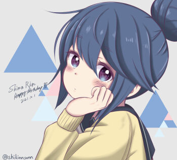 Rule 34 | 1girl, absurdres, birthday, blue hair, blue sailor collar, blush, cardigan, chanshiki, commentary request, dated, grey background, hair between eyes, hair bun, happy birthday, head on hand, head rest, highres, huge hair bun, long sleeves, looking at viewer, motosu school uniform, parted lips, purple eyes, sailor collar, school uniform, shima rin, single hair bun, solo, triangle, triangle background, twitter username, upper body, yellow cardigan, yurucamp