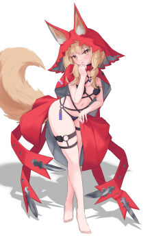 Rule 34 | 1girl, absurdres, animal ear fluff, animal ears, arknights, arknights: endfield, bare legs, barefoot, bikini, black bikini, blonde hair, breasts, cloak, commentary, ears through headwear, highres, hood, hood up, ila iro, looking at viewer, navel, red cloak, rossi (arknights), small breasts, solo, stomach, swimsuit, tail, thigh strap, wolf ears, wolf girl, wolf tail, yellow eyes