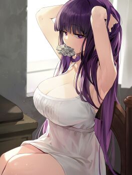 Rule 34 | 1girl, alternate breast size (larger), armpits, arms up, bare shoulders, breasts, cleavage, commentary, dress, fern (sousou no frieren), goomrrat, highres, indoors, large breasts, long hair, mouth hold, purple eyes, purple hair, sitting, sleeveless, sleeveless dress, solo, sousou no frieren, very long hair, white dress