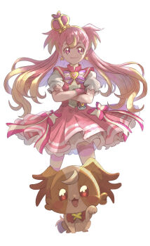 Rule 34 | 1girl, :3, :d, arched crown, blonde hair, blush stickers, bow, bright pupils, brooch, brown fur, butterfly earrings, capelet, chest bow, closed mouth, colored tips, commentary, crossed arms, crown, cure wonderful, dog, dress, dress bow, dual persona, earrings, frilled wrist cuffs, frills, gold hairband, hairband, heart, heart brooch, highres, inukai komugi, inukai komugi (dog), jewelry, layered dress, legs apart, long hair, looking at viewer, magical girl, mini crown, multicolored bow, multicolored hair, multicolored pantyhose, open mouth, pact holder, pantyhose, papillon (dog), paw up, petticoat, pink bow, pink capelet, pink crown, pink dress, pink hair, pink pantyhose, pink wrist cuffs, pouch, precure, puffy short sleeves, puffy sleeves, purple bow, purple eyes, red eyes, short dress, short sleeves, simple background, smile, standing, striped bow, striped clothes, striped pantyhose, thick eyebrows, tilted headwear, two-tone hair, two-tone pantyhose, two side up, very long hair, white background, wonderful pact, wonderful precure!, wonderful tanaka, wrist cuffs, yellow pantyhose, yellow pupils