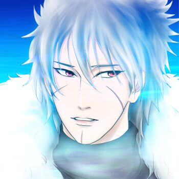 1boy akilaeeee blue_background commentary_request facial_mark fur_trim looking_to_the_side lowres male_focus naruto_(series) parted_lips portrait red_eyes senju_tobirama solo turtleneck white_hair