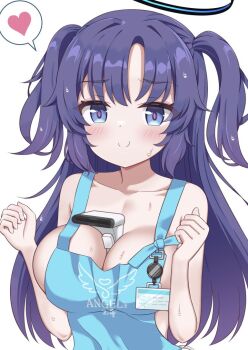 1girl apron barcode_scanner bare_arms bare_shoulders between_breasts black_halo blue_archive blue_eyes breasts closed_mouth collarbone commentary halo hands_up heart implied_paizuri lanyard long_hair naked_apron name_tag purple_hair sainyan_(strong7) short_twintails simple_background solo speech_bubble spoken_heart sweat symbol-only_commentary twintails white_background yuuka_(blue_archive)