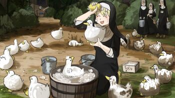 4girls :d ^_^ animal animal_on_head backpack bag bags_under_eyes basin bird boots box bucket bush cleaning closed_eyes clumsy_nun_(diva) dirty diva_(hyxpk) diving doll duck frog froggy_nun_(diva) glasses_nun_(diva) globe habit hiding highres holding holding_bag holding_bucket holding_sponge hole little_nuns_(diva) mud multiple_girls nose_bubble nun on_head open_mouth original outdoors puddle rabbit_pin rubber_duck sleeping sleeping_upright slice_of_life smile soap soap_bubbles spicy_nun_(diva) sponge sweatdrop telescope three-quarter_sleeves traditional_nun tree triangle_mouth wading washing water wiping_sweat wooden_house yellow_boots