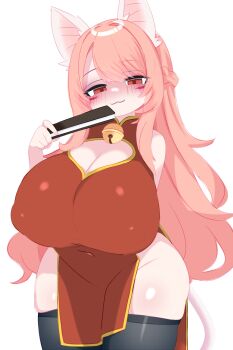 1girl :3 animal_ears bell black_thighhighs blush blush_stickers braid breasts cat_ears cat_girl cat_tail cleavage cleavage_cutout clothing_cutout covered_erect_nipples crown_braid dress folding_fan hand_fan holding holding_fan huge_breasts indie_virtual_youtuber jingle_bell kukuchi581 long_hair looking_at_viewer neck_bell no_panties paper_fan pink_hair red_dress red_eyes side_slit sleeveless sleeveless_dress smile standing tail taiwan_shuiguomao_lili thick_thighs thighhighs thighs virtual_youtuber white_background wide_hips