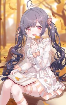 1girl :d absurdres antenna_hair autumn blurry blurry_background blush book brown_hair day dress feet_out_of_frame hair_ribbon highres hiraga_matsuri indie_virtual_youtuber leaf long_hair long_sleeves looking_at_viewer open_book open_mouth outdoors pink_ribbon red_eyes ribbon see-through_clothes see-through_sleeves sitting smile solo takoko_(vtuber) twintails white_dress