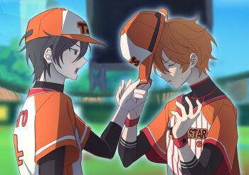 2boys akehoshi_subaru baseball_cap bbahot black_hair blurry blurry_background closed_eyes commentary_request ensemble_stars! from_side hair_between_eyes hat hidaka_hokuto highres holding holding_unworn_clothes holding_unworn_hat jersey korean_commentary long_sleeves male_focus multiple_boys open_mouth orange_hair orange_shirt shirt short_hair sweatdrop turtleneck unworn_hat unworn_headwear upper_body wristband