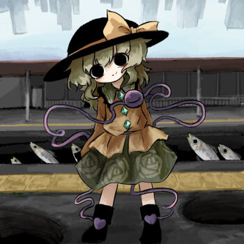 1girl black_eyes black_hat black_shoes closed_mouth commentary_request contrast_collar fish full_body green_hair green_skirt hair_between_eyes hat hat_ribbon heripantomorrow komeiji_koishi long_sleeves ribbon shirt shoes skirt smile solo standing third_eye touhou wide_sleeves yellow_ribbon yellow_shirt