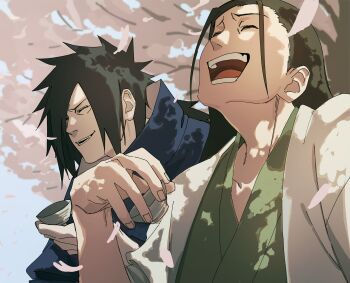 Rule 34 | 2boys, absurdres, black hair, brown hair, closed eyes, cup, falling petals, highres, holding, holding cup, jacket, japanese clothes, laughing, long hair, male focus, multiple boys, naruto (series), naruto shippuuden, open clothes, open jacket, open mouth, petals, pnpk 1013, senju hashirama, teeth, uchiha madara, upper body, white jacket