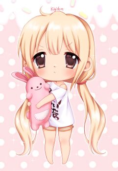 Rule 34 | 1girl, absurdres, artist name, blonde hair, brown eyes, chibi, chibi only, closed mouth, commentary, full body, futaba anzu, highres, holding, holding stuffed toy, idolmaster, idolmaster cinderella girls, kigidere, long hair, looking at viewer, low twintails, shirt, short sleeves, single off shoulder, solo, standing, stuffed animal, stuffed toy, t-shirt, twintails, very long hair, white shirt