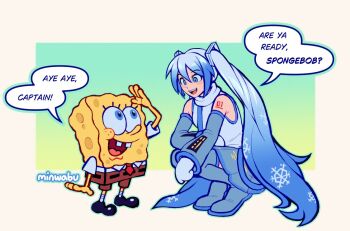 1boy 1girl :d arm_tattoo black_shoes blue_eyes blue_hair blue_necktie blue_shoes blue_sleeves blush brown_pants buck_teeth collared_shirt commentary crossover detached_sleeves english_commentary english_text full_body gradient_hair hair_between_eyes hatsune_miku long_hair long_sleeves minwabu mittens multicolored_hair necktie number_tattoo open_mouth pants red_necktie scarf shirt shoes smile snowflakes socks speech_bubble spongebob_squarepants spongebob_squarepants_(series) tattoo teeth tongue twintails twitter_username upper_teeth_only very_long_hair vocaloid white_mittens white_scarf white_shirt white_socks yuki_miku yuki_miku_(2011)