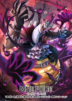 1boy ascot black_coat black_gloves coat commentary_request copyright_name evil_smile gecko_moria gloves hair_up hokuyuu horns male_focus official_art one_piece one_piece_card_game outdoors sharp_teeth smile solo teeth white_ascot