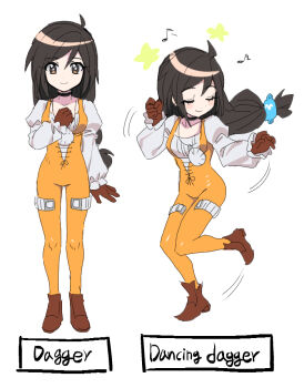 Rule 34 | 1girl, black choker, bodysuit, boots, breasts, brown boots, brown eyes, brown gloves, brown hair, character name, choker, closed eyes, closed mouth, commentary request, crystal, dancing, dede (qwea 00000), final fantasy, final fantasy ix, full body, garnet til alexandros xvii, gloves, hair between eyes, hair ornament, hairclip, hand on own chest, jewelry, juliet sleeves, korean commentary, light smile, long hair, long sleeves, low-tied long hair, medium breasts, multiple views, musical note, orange bodysuit, pendant, puffy long sleeves, puffy sleeves, shirt, sketch, solo, standing, thigh strap, white background, white shirt