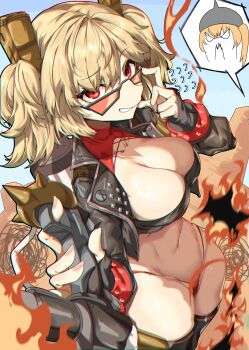 Rule 34 | 2girls, absurdres, black jacket, black thighhighs, black tube top, blonde hair, breasts, burnice white, cleavage, commentary, fire, flamethrower, highres, holding, holding flamethrower, holding weapon, jacket, large breasts, looking at viewer, luciana de montefio, multiple girls, navel, panties, red panties, short hair, stomach, strapless, sunglasses, thighhighs, thighs, tube top, twintails, underwear, weapon, younki, zenless zone zero