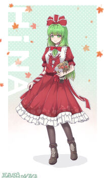 1girl absurdres arm_ribbon autumn_leaves boots bouquet bow breasts brown_boots brown_pantyhose character_name chinese_commentary ci_sheng_shi_ying commentary_request dated dress falling_leaves flower flower_request frilled_bow frills full_body green_eyes green_hair hair_bow high_heel_boots high_heels highres holding holding_bouquet holding_own_dress kagiyama_hina lace-up_boots leaf long_hair looking_at_viewer maple_leaf medium_breasts pantyhose puffy_short_sleeves puffy_sleeves red_bow red_dress red_flower red_ribbon red_rose ribbon rose short_sleeves smile solo touhou very_long_hair white_flower wrist_ribbon yellow_flower