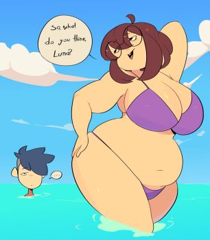 ahoge beach black_hair boss_(thelittlenerdys) brown_hair curvy elwilsjeje glasses hair_over_one_eye highres ocean plump swimsuit