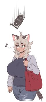 1girl ahoge animal_ears artistic_error bag breasts clueless dark-skinned_female dark_skin denim geforce_rtx_3090 graphics_card grey_hair handbag indie_virtual_youtuber jeans large_breasts musical_note nvidia pants simple_background solo tail virtual_youtuber walking white_background yana_(nekoarashi) yana_(vtuber)