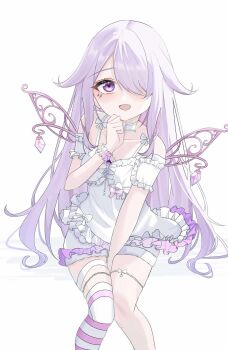 1girl :d between_legs chemise chest_jewel choker commentary dreamoon frilled_chemise frilled_sleeves frills gem hair_flaps hair_over_one_eye hand_between_legs hand_up highres hololive hololive_english jewel_under_eye jewelry koseki_bijou koseki_bijou_(pebble_pajamas) long_hair looking_at_viewer metal_wings open_mouth purple_eyes purple_gem purple_hair short_shorts short_sleeves shorts sidelocks single_thighhigh sitting smile solo straight-on striped_clothes striped_thighhighs swept_bangs thighhighs thighlet very_long_hair virtual_youtuber white_chemise white_choker white_shorts