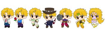 Rule 34 | 1boy, :3, absurdres, american football (object), ball, blonde hair, bottle, chibi, collared shirt, colored skin, crossed arms, dio brando, facial mark, fang, flower, fur-trimmed jacket, fur trim, grin, hand up, hat, headband, heaven ascended dio, highres, holding, holding ball, holding bottle, holding flower, jacket, jojo no kimyou na bouken, jojo no kimyou na bouken: eyes of heaven, long hair, long sleeves, male focus, mechimun jojo, multiple persona, necktie, open mouth, phantom blood, purple skin, red eyes, rose, scarf, shirt, short hair, smile, standing, standing on one leg, stardust crusaders, stone mask (jojo), striped clothes, striped shirt, suspenders, teardrop, vest