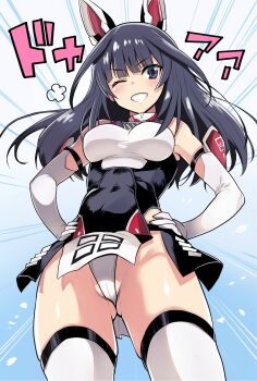 1girl absurdres airport96 black_eyes black_hair blue_background blush breasts commentary_request covered_navel cowboy_shot elbow_gloves gloves gluteal_fold hands_on_own_hips highres large_breasts leotard long_hair looking_at_viewer mechanical_ears multicolored_leotard one_eye_closed original partially_visible_vulva revealing_clothes simple_background smile solo teeth thighhighs two-tone_background two-tone_leotard white_background white_gloves white_thighhighs