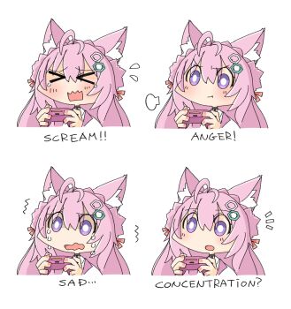 &gt;_&lt; 1girl and_takashi angry animal_ear_fluff animal_ears antenna_hair braid chibi chibi_only closed_mouth commentary_request controller crown_braid crying english_text expression_chart flying_sweatdrops hairband hakui_koyori hakui_koyori_(1st_costume) hexagon_hair_ornament highres holding holding_controller hololive multiple_expressions multiple_views notice_lines open_mouth pink_hair pout puff_of_air purple_eyes sad simple_background tears virtual_youtuber wavy_mouth white_background wolf_ears