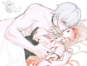 1boy 1girl black_nightgown blonde_hair breasts flame_reaver_of_the_deepest_dark genderswap genderswap_(mtf) grabbing_another's_breast gradient_hair groping hashtag-only_commentary hetero honkai:_star_rail honkai_(series) long_hair medium_breasts multicolored_hair mydei_(honkai:_star_rail) nightgown phainon_(honkai:_star_rail) red_hair topless_male tydjd071 yellow_eyes