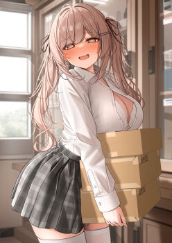 1girl @_@ black_skirt blush box bra breasts brown_hair collared_shirt commentary_request hair_ornament hair_ribbon highres holding holding_box imouto-chan_(monaka_curl) large_breasts long_hair long_sleeves monaka_curl open_mouth original paid_reward_available plaid_clothes plaid_skirt ribbon shirt shirt_tucked_in skirt smile thighhighs twintails underwear white_bra white_shirt white_thighhighs
