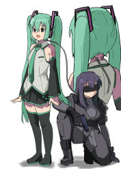 Rule 34 | 2girls, :d, black bodysuit, black skirt, black sleeves, bodysuit, boots, cable, commentary request, crossover, detached sleeves, expressionless, full body, ghost in the shell, ghost in the shell: sac 2045, green eyes, green hair, grey shirt, hatsune miku, head-mounted display, highres, holding, holding weapon, kusanagi motoko, long hair, multiple girls, multiple views, on one knee, open mouth, pleated skirt, purple hair, shirt, simple background, sketch, skirt, sleeveless, sleeveless shirt, smile, tenten (chan4545), thigh boots, twintails, very long hair, vocaloid, weapon, white background