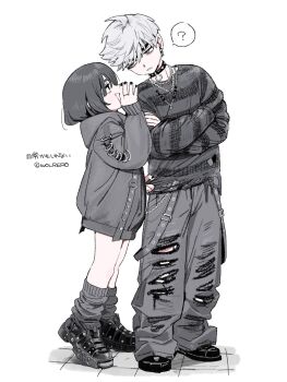 1boy 1girl ? baggy_pants bags_under_eyes black_eyes black_hair black_nails black_shoes commentary_request cross cross_necklace crossed_arms earrings grey_eyes grey_hair grey_hoodie grey_pants grey_socks hair_between_eyes half-closed_eye height_difference highres hood hood_down hoodie jewelry long_hoodie looking_at_another loose_socks necklace original pants ring shoes short_hair simple_background socks spoken_question_mark striped_clothes striped_sweater studded_choker sweater thick_eyebrows tiptoes torn_clothes torn_pants torn_sweater translation_request twitter_username whispering white_background wolrero
