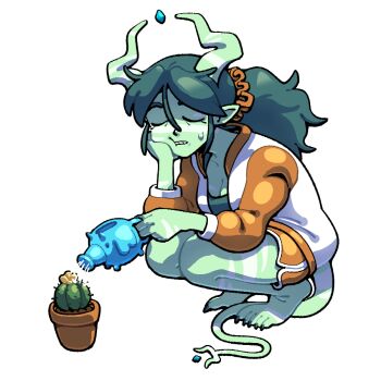 Rule 34 | 1girl, barefoot, breasts, cactus, cleavage, closed eyes, colored skin, commentary, demon, demon girl, demon horns, demon tail, discount-supervillain, english commentary, eyelashes, feet, forked tail, green hair, green skin, hair between eyes, hair ornament, hair scrunchie, holding, holding watering can, horns, jacket, large breasts, long hair, original, parted lips, pointy ears, scrunchie, shirt, short shorts, shorts, sidelocks, solo, squatting, striped skin, sweat, tail, teeth, tiptoes, toes, watering, watering can