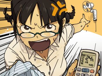 1boy 1girl akizuki_ritsuko anger_vein angry black_hair blush braid breasts brown_eyes cleavage clothes_grab collar_grab controller electric_fan emphasis_lines glaring glasses holding holding_remote_control hot idolmaster idolmaster_(classic) looking_at_viewer looking_over_eyewear medium_breasts medium_hair neckwear_grab okazu-p_(kushino-okazu) open_mouth orange_background pointing pointing_backward pov pov_hands remote_control short_sleeves solo sweat twin_braids two-tone_background upper_body v-shaped_eyebrows very_sweaty