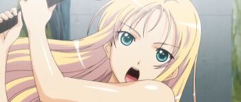 1girl blonde_hair date_wingfield_reiko fault!! green_eyes highres long_hair looking_at_viewer open_mouth racket solo stitched tennis_racket third-party_edit