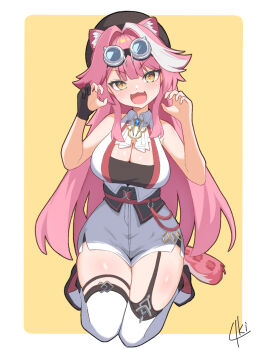1girl 963rinne animal_ears ascot bare_shoulders beret black_garter_straps black_gloves black_hat blue_gem blush breasts claw_pose cleavage collared_shirt commentary eyeshadow fang garter_straps gem gloves goggles goggles_on_head hair_intakes half_gloves hat highres hololive hololive_english kneeling large_breasts long_hair looking_at_viewer makeup multicolored_hair open_mouth panther_ears panther_girl panther_tail pink_eyeshadow pink_hair pink_shoes pink_tail raora_panthera raora_panthera_(1st_costume) shirt shoes shorts signature single_garter_strap single_glove single_half_glove skin_fang sleeveless sleeveless_shirt smile solo streaked_hair tail thigh_strap thighhighs thighs two-tone_hair virtual_youtuber white_ascot white_background white_hair white_shirt white_shorts white_thighhighs yellow_background yellow_eyes
