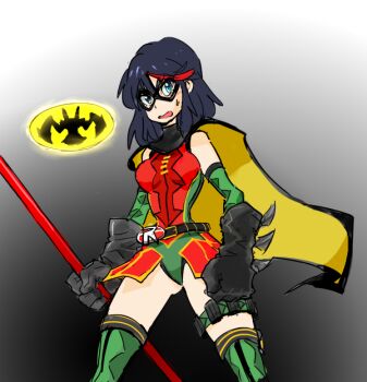 1girl bad_id bad_twitter_id batman_(series) belt black_gloves black_hair boots cape carrie_kelly cosplay dc_comics domino_mask eye_mask female_focus gloves gyosone kill_la_kill leotard mask matoi_ryuuko multicolored_hair robin_(cosplay) robin_(dc) robin_(dc)_(cosplay) senketsu short_hair solo staff sweatdrop thigh_boots thighhighs two-tone_hair utility_belt