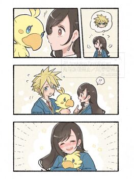 ! !! 1boy 1girl ? averting_eyes black_hair blonde_hair blue_eyes blue_jacket blush character_doll chocobo closed_eyes cloud_strife collared_shirt commentary_request doll earrings emphasis_lines final_fantasy final_fantasy_vii flying_sweatdrops holding holding_doll hugging_doll hugging_object jacket jewelry long_hair motion_lines necktie noi_(noi28224) notice_lines open_mouth pointing pointing_at_self red_eyes red_necktie school_uniform shirt short_hair single_earring smile spiked_hair spoken_exclamation_mark stuffed_toy sweater swept_bangs teardrop_earrings tifa_lockhart upper_body white_shirt