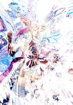 1girl athena_(ff14) butterfly_wings colored_extremities commentary_request copyright_name feathered_wings final_fantasy final_fantasy_xiv head_wings insect_wings long_hair multiple_wings ruka_(blueplus84) solo white_hair wings