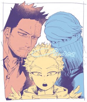 3boys best_jeanist boku_no_hero_academia closed_mouth commentary facial_hair goatee_stubble hawks_(boku_no_hero_academia) male_focus mature_male multiple_boys multiple_monochrome mustache_stubble open_mouth scar scar_on_face short_hair sideburns somojiro stubble sweater symbol-only_commentary turtleneck turtleneck_sweater twitter_username white_background wings