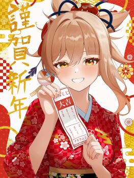 Rule 34 | 1girl, absurdres, alternate costume, black sash, blonde hair, blush, breasts, commentary request, fingernails, floral print, floral print kimono, genshin impact, grin, hair between eyes, highres, holding, holding omikuji, japanese clothes, kimono, looking at viewer, nail polish, narawannko, obi, omikuji, orange eyes, orange nails, orb, print kimono, red kimono, sash, smile, solo, upper body, yoimiya (genshin impact)