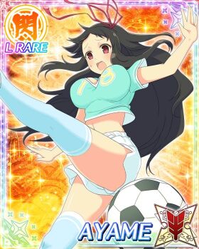 1girl :o arm_up ayame_(senran_kagura) ball blue_thighhighs border breasts brown_hair card_(medium) cleavage crop_top english_text game_cg hair_ribbon kicking large_breasts long_hair midriff navel non-web_source official_alternate_costume official_art red_eyes red_ribbon ribbon senran_kagura senran_kagura_new_wave shorts soccer_ball soccer_uniform solo sportswear sweatdrop thighhighs white_shorts