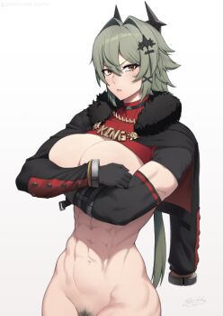 1girl abs arm_out_of_sleeve asymmetrical_sleeves biceps black_gloves blush bottomless breasts caesar_king_(zenless_zone_zero) cleavage closed_mouth colored_pubic_hair covering_breasts covering_privates crossed_arms detached_sleeves female_pubic_hair fur_collar gloves green_hair green_pubic_hair grey_background groin hair_between_eyes hair_intakes hair_ornament hip_bones jacket large_breasts long_hair long_sleeves looking_at_viewer navel open_clothes open_jacket out-of-frame_censoring parted_bangs pubic_hair putcher simple_background solo stomach upper_body v-shaped_eyebrows very_long_hair yellow_eyes zenless_zone_zero