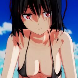 1girl 3d animated bikini black_hair breasts leaning_forward looking_at_viewer medium_breasts mofumoko5 red_eyes shameimaru_aya smile solo swimsuit tagme thighs touhou video