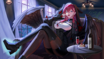 1girl absurdres black_coif black_dress black_romper black_wings bottle breasts cake cake_slice cleavage coif couch covering_breasts covering_privates criss-cross_straps crossed_legs cup curtains dress drinking_glass earrings felfia food gem hair_between_eyes head_wings high-waist_shorts highres indoors jewelry konkon_aria large_breasts long_hair low_wings neo-porte nun on_couch purple_eyes purple_gemstone red_hair romper shirt shorts sidelocks sitting solo table virtual_youtuber window wine_bottle wine_glass wings