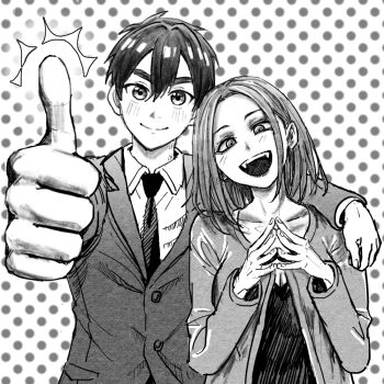 1boy 1girl aijou_rentarou arm_around_shoulder blazer cardigan closed_mouth collared_shirt crossover fangs greyscale hair_between_eyes hoshimi_kiku jacket kimi_no_koto_ga_dai_dai_dai_dai_daisuki_na_100-nin_no_kanojo monochrome necktie ohananomitsu_high_school_uniform open_mouth polka_dot polka_dot_background reiquant school_uniform shirt short_hair smile steepled_fingers thumbs_up upper_body vampire yofukashi_no_uta