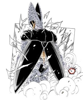 Rule 34 | 1boy, aura, cell (dragon ball), cowboy shot, dragon ball, dragonball z, dust, electricity, fenyon, from behind, highres, male focus, partially colored, smirk, white background, wings