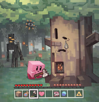 1up absurdres axe commentary_request creaking_(minecraft) forest gameplay_mechanics grass health_bar heart highres holding holding_axe jack-o'-lantern kirby kirby_(series) maxim_tomato minecraft minecraft_(style) minecraft_axe nature nintendo no_humans outdoors polof pumpkin rabbit super_smash_bros. suyasuyabi the_legend_of_zelda tree triforce user_interface whispy_woods