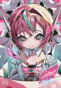 +_+ blurry breasts cleavage controller crying depth_of_field highres idol marttkim00 multicolored_hair pink_hair short_hair signature yutane_johiel zenless_zone_zero