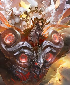 1girl :o angel_wings armor artist_request black_hair breasts cloud hair_between_eyes hair_ornament half-closed_eyes horns jewelry jotet_herald_of_despair large_breasts long_hair machine official_art pelvic_curtain shadowverse shoulder_armor thighlet very_long_hair wings