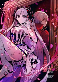 1boy 1girl back-to-back bare_shoulders black_bow black_eyes blush bow braid breasts cleavage collar colored_inner_hair commentary_request detached_sleeves dress fate/strange_fake fate_(series) francesca_prelati_(fate) francois_prelati_(fate) frilled_collar frills garter_straps grey_hair hair_bow highres jacket long_hair looking_at_viewer medium_breasts multicolored_hair parted_bangs red_jacket ringed_eyes rioka_(southern_blue_sky) short_hair sidelocks skull_print smile striped_clothes striped_dress thighhighs thighs very_long_hair white_dress white_hair white_thighhighs