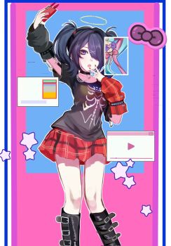 1girl :o ame-chan_(emo)_(needy_girl_overdose) ame-chan_(needy_girl_overdose) armlet belt black_arm_warmers black_eyes black_hair blue_hair boots bow choker contrapposto diagonal_bangs double-parted_bangs hair_bow hair_ornament halo hand_up highres holding holding_phone jewelry knees_together_feet_apart multiple_hair_bows needy_girl_overdose ojqi7 parody phone pink_hair plaid_arm_warmers plaid_clothes plaid_skirt revealing_layer short_twintails skeleton_print skirt solo taking_picture twintails v window_(computing) x_hair_ornament