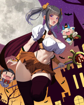 2girls :d absurdres akihiro0920 black_cape black_hair black_thighhighs blunt_bangs blush breasts cape chibi cleavage dress food-themed_hair_ornament full_moon gem hair_ornament halloween halloween_costume highleg highleg_panties highres holding holding_staff komasan large_breasts medium_hair moon multiple_girls navel open_mouth orange_skirt panties pumpkin_hair_ornament purple_dress real_life red_gemstone shirt sidelocks skirt smile staff standing tamura_yukari thighhighs twintails underwear voice_actor white_shirt youkai_watch